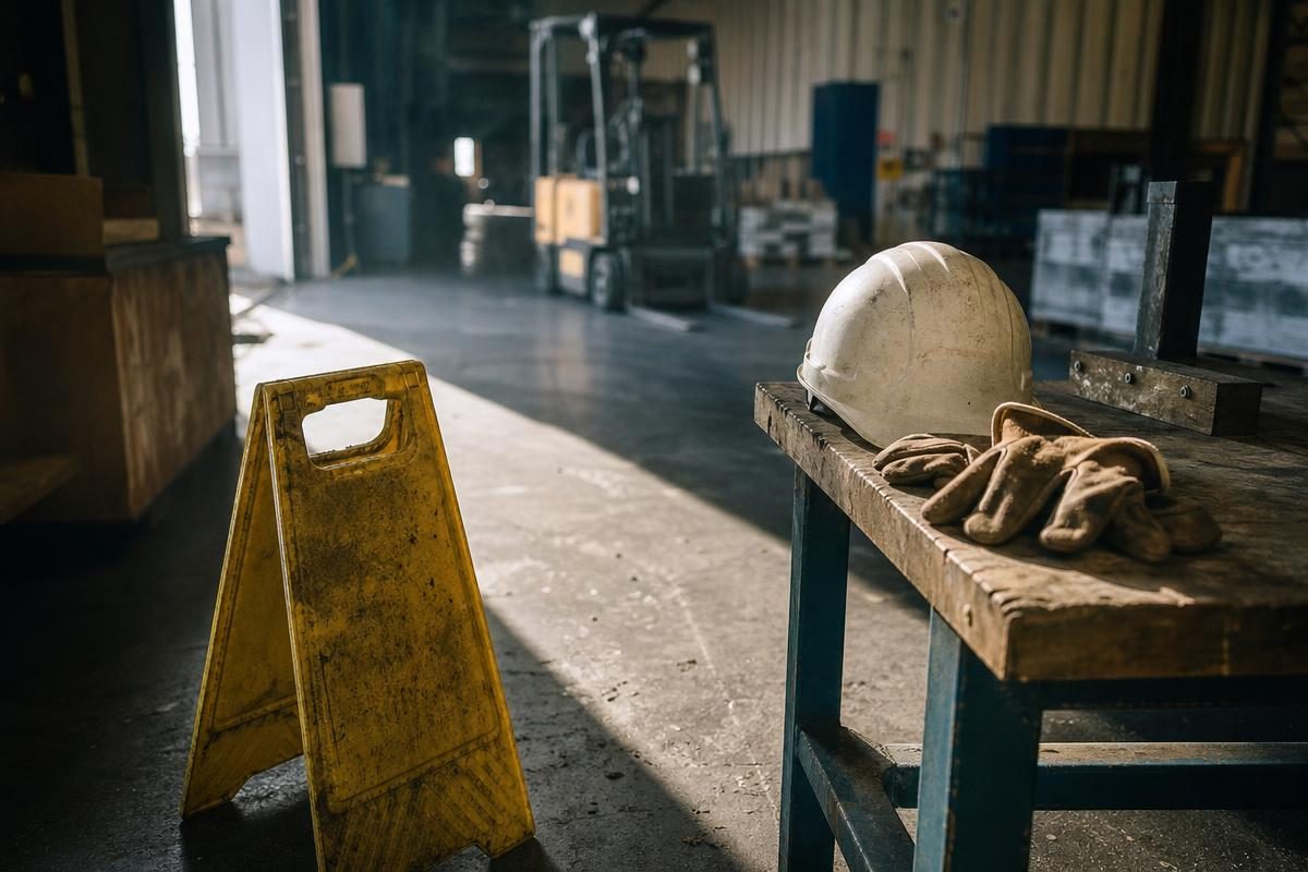 Yellow wet floor caution sign with hard hat and work gloves on a workbench near a forklift for an accident at work compensation calculator