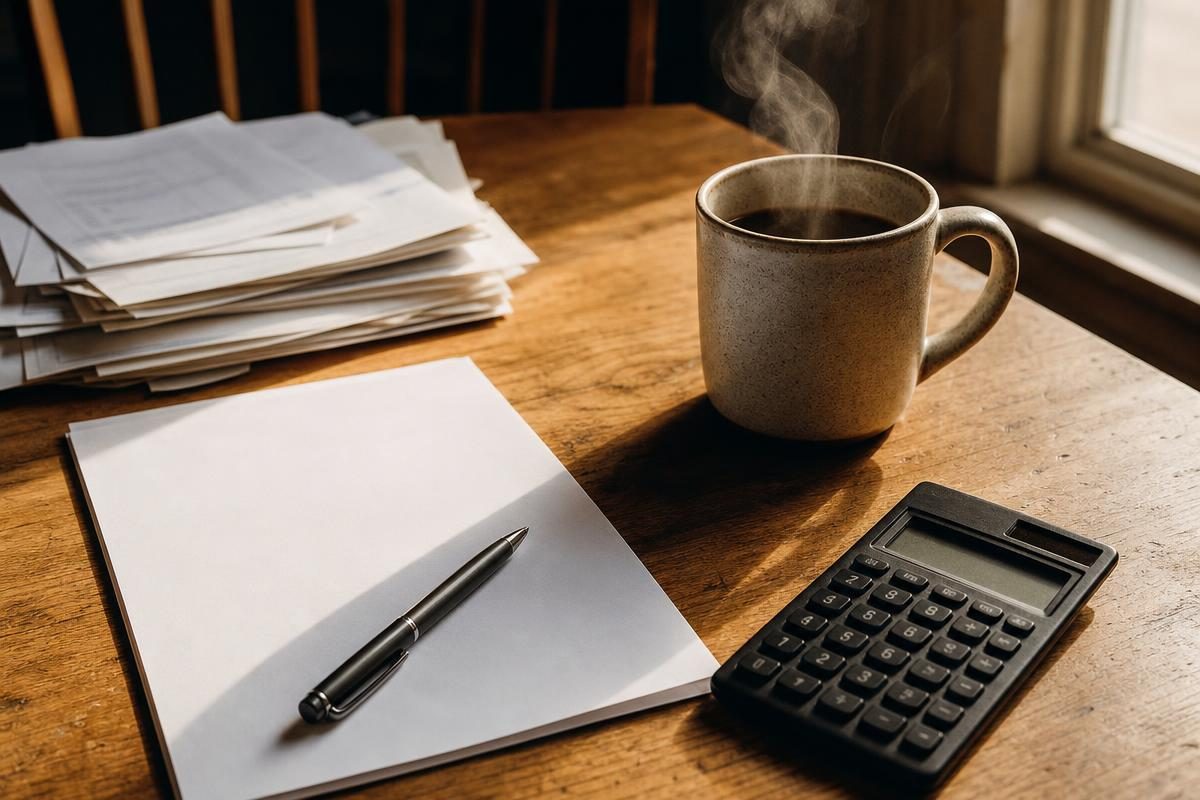 A blank accident claim form pen and desk calculator on a kitchen table beside a steaming coffee mug