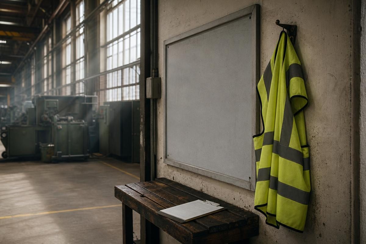 Hi-vis vest and blank safety noticeboard on a quiet UK factory floor for an accident incident rate calculator uk