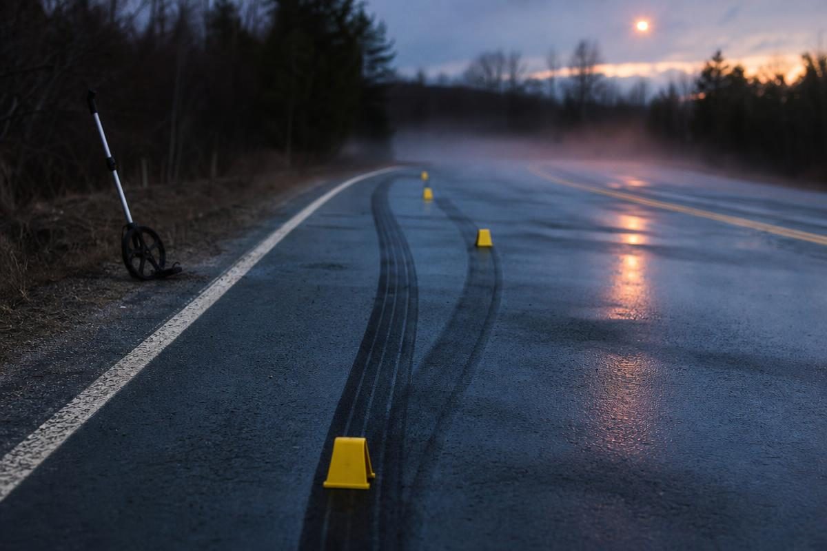 Yellow evidence markers and tire skid marks on a wet dusk road for accident reconstruction calculator