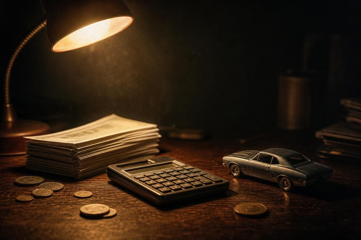 Warm desk lamp over a stack of bills, calculator, coins and a die-cast car showing average car accident settlement amount