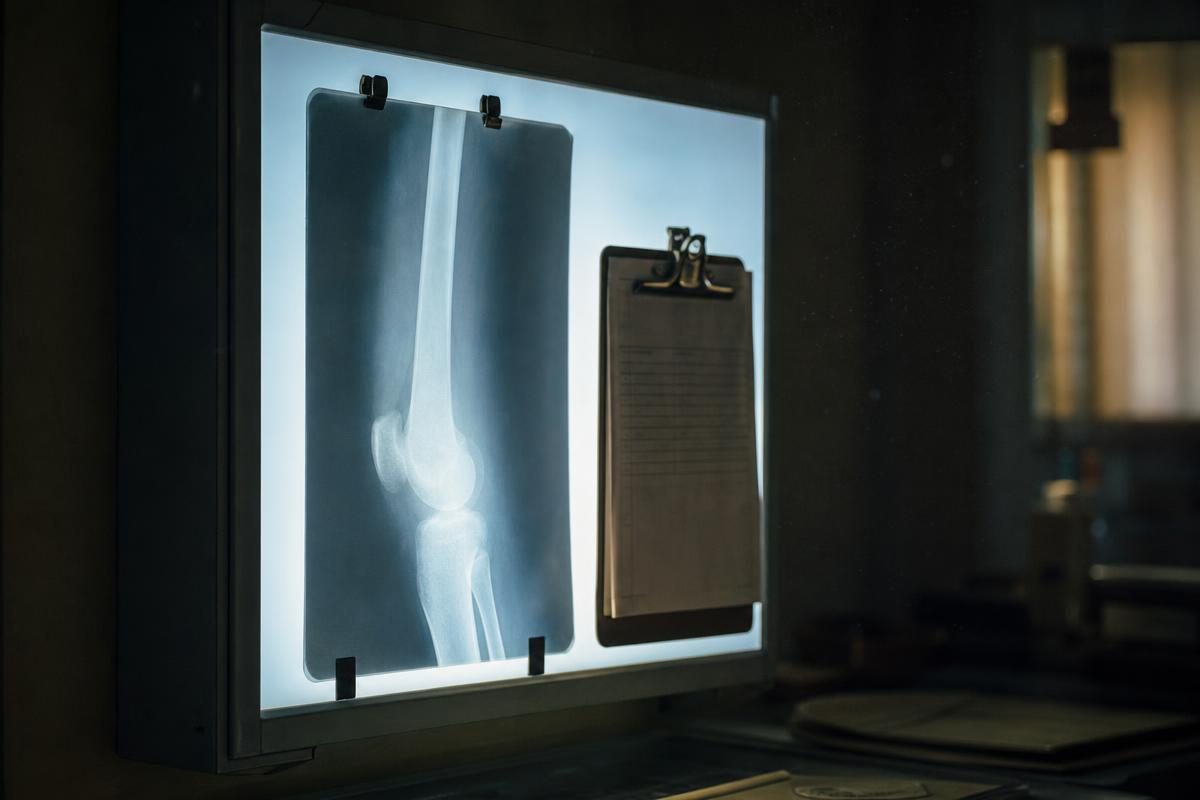 Radiology light box glowing with an abstract bone x-ray film used to estimate average settlement for broken bone in car accident