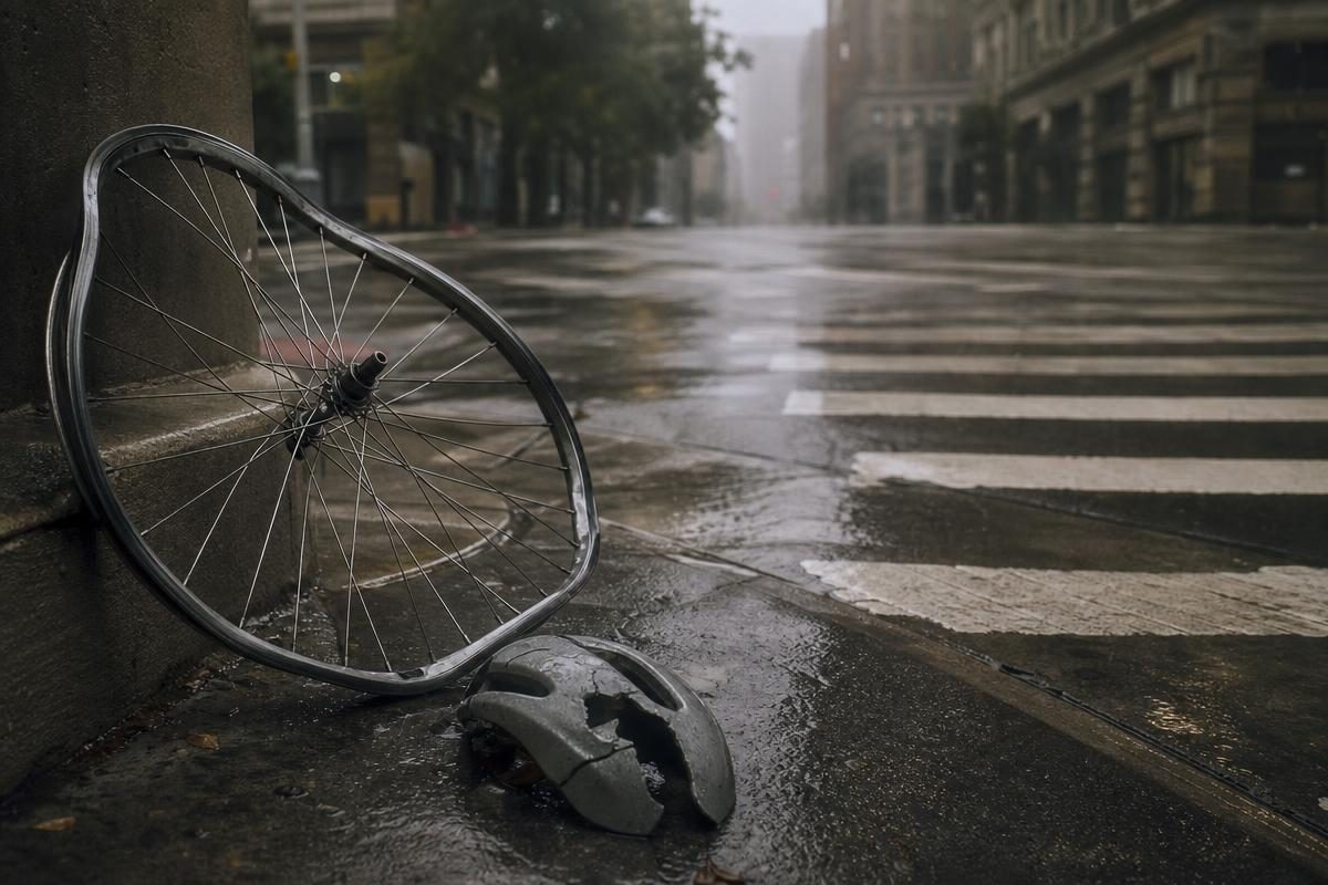 A bent bicycle front wheel and cracked helmet on a wet city curb near a crosswalk illustrating a bicycle accident compensation calculator