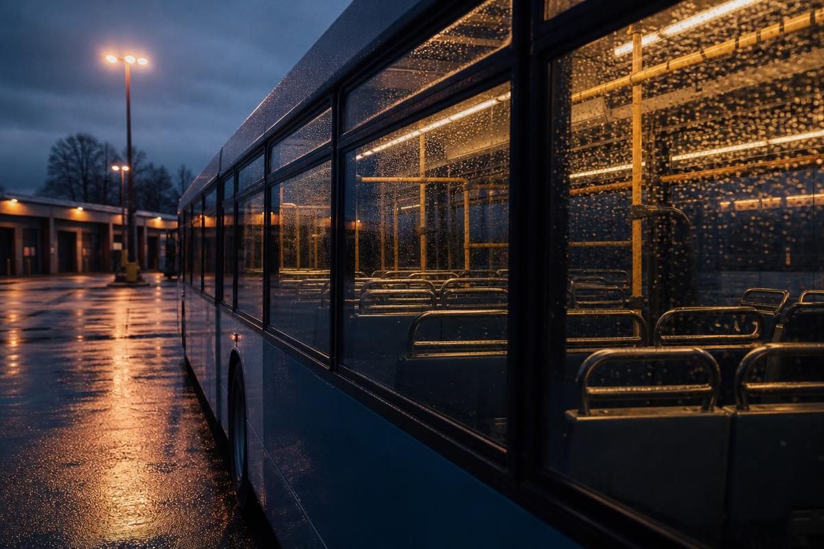 City transit bus at an empty depot in early evening with rain flecked windows for a bus accident compensation calculator