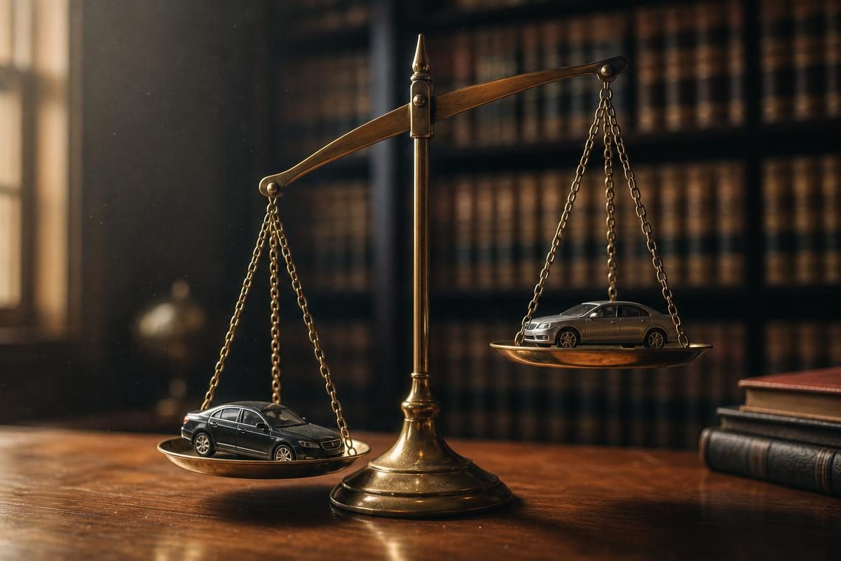 Brass balance scale weighing two die-cast cars on a law desk illustrating comparative vs contributory negligence