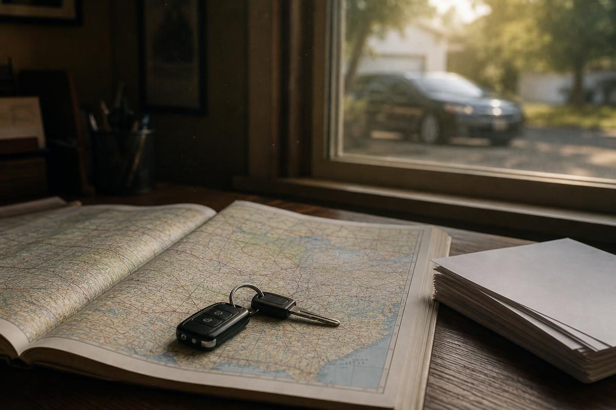 Open US road atlas with car keys and blank state documents on a desk for a diminished value claim texas guide