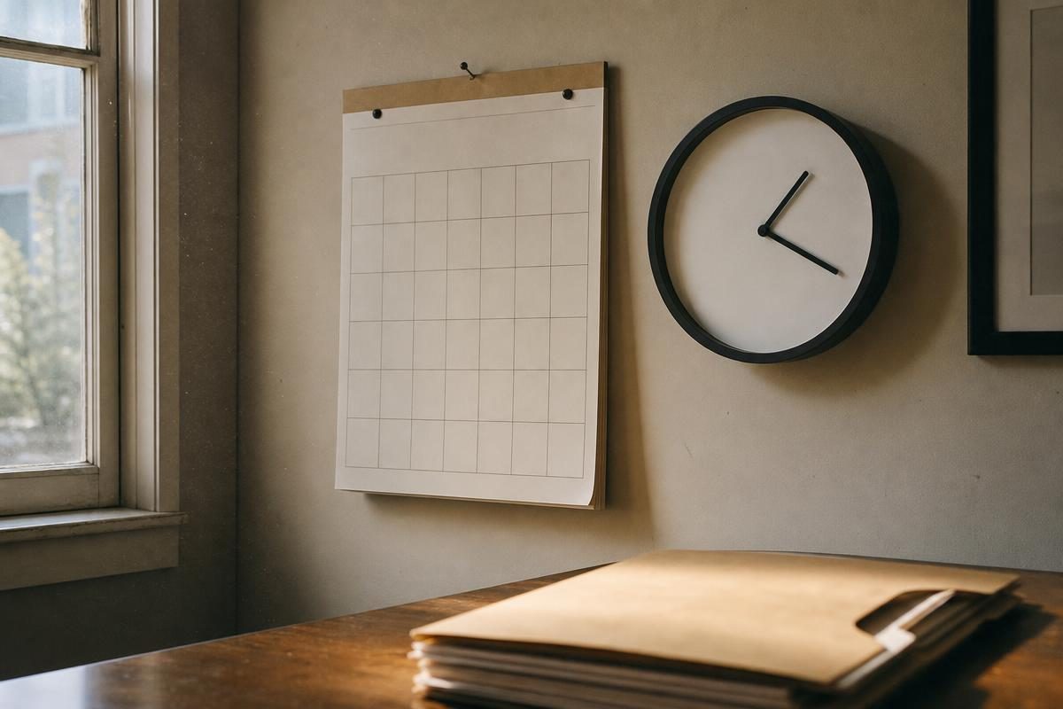 A wall calendar and round clock beside a folder of settlement papers showing how long a car accident settlement take