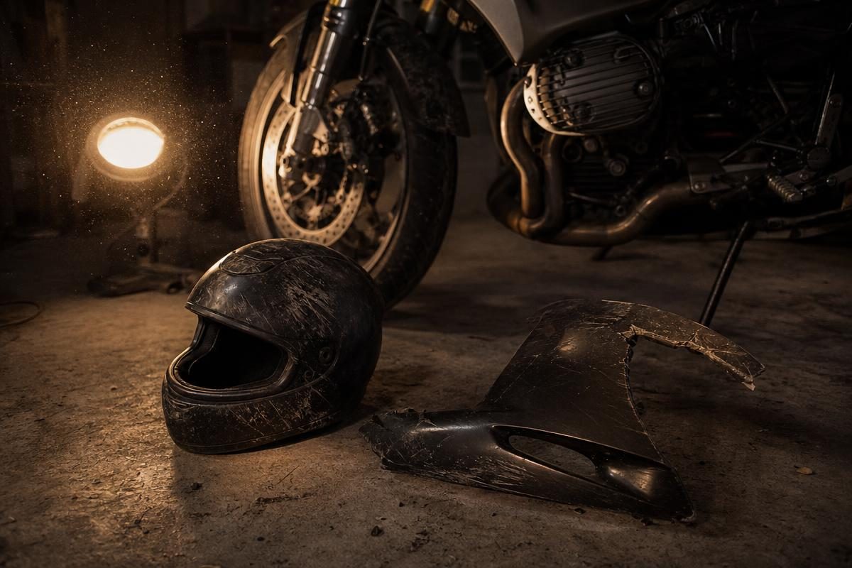 Scuffed motorcycle helmet and cracked fairing panel on a garage floor for a motorcycle accident settlement calculator