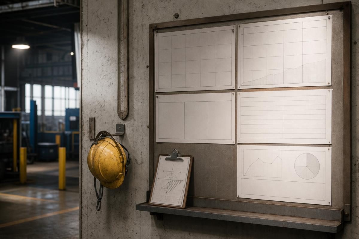 Industrial safety noticeboard with blank charts and a hard hat for an osha incident rate calculator