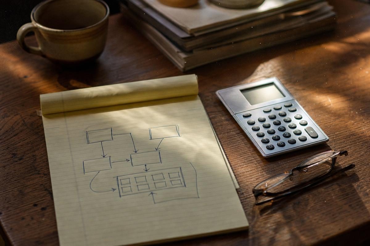 Hand-sketched multiplier diagram on a legal pad beside a calculator and reading glasses for pain and suffering settlement examples