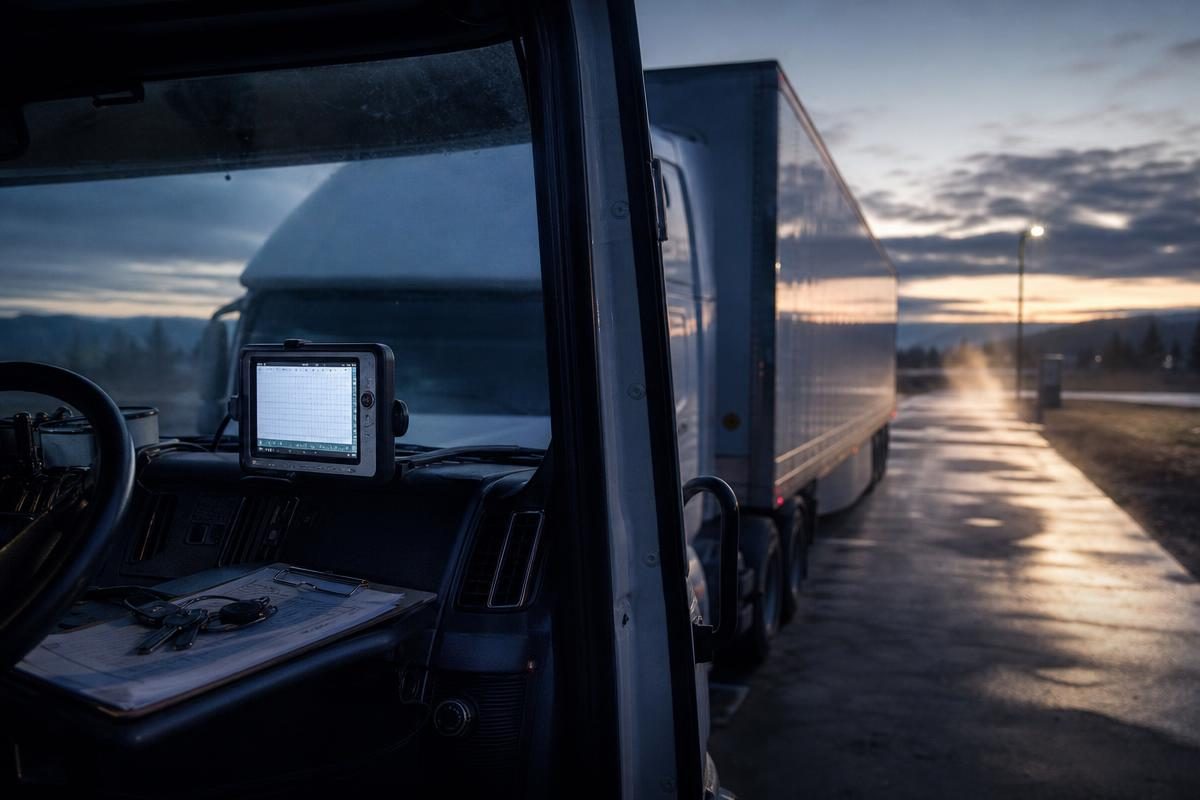 Semi-truck parked at a roadside weigh area at dawn for a truck accident calculator