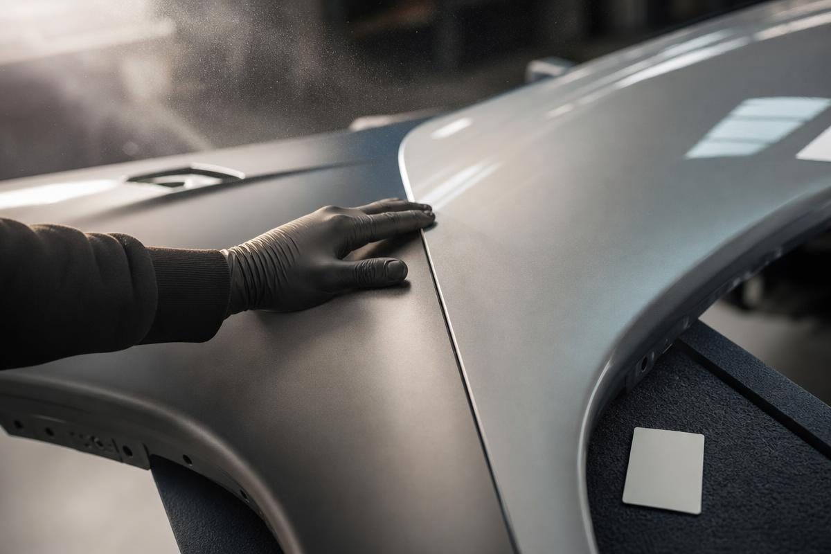A gloved hand comparing two car fender panels with subtly different paint sheen in a diminished value claim inspection
