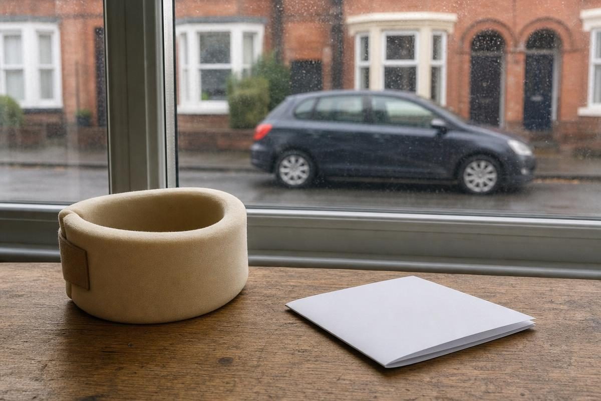 Foam neck brace and blank whiplash claim leaflet on a table by a UK terraced home window