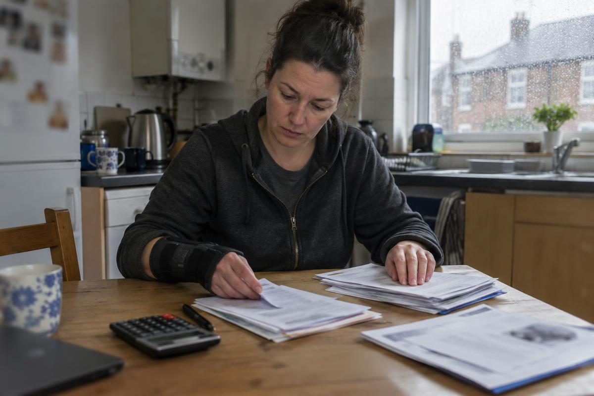 Sorting medical bills and a repair estimate at a kitchen table, the paperwork Accident Calcs helps people value