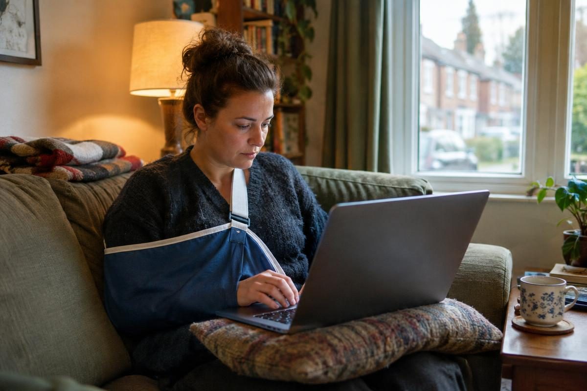 Person with an arm in a sling typing a question to Accident Calcs on a laptop at home